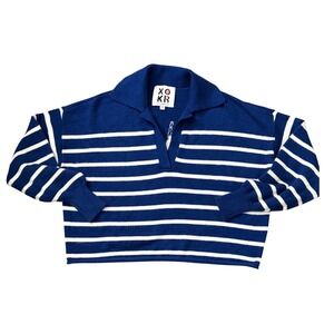 Kerri Rosenthal XOKR Blue White Striped Polo Sweater V-Neck Long Sleeve XS CC16